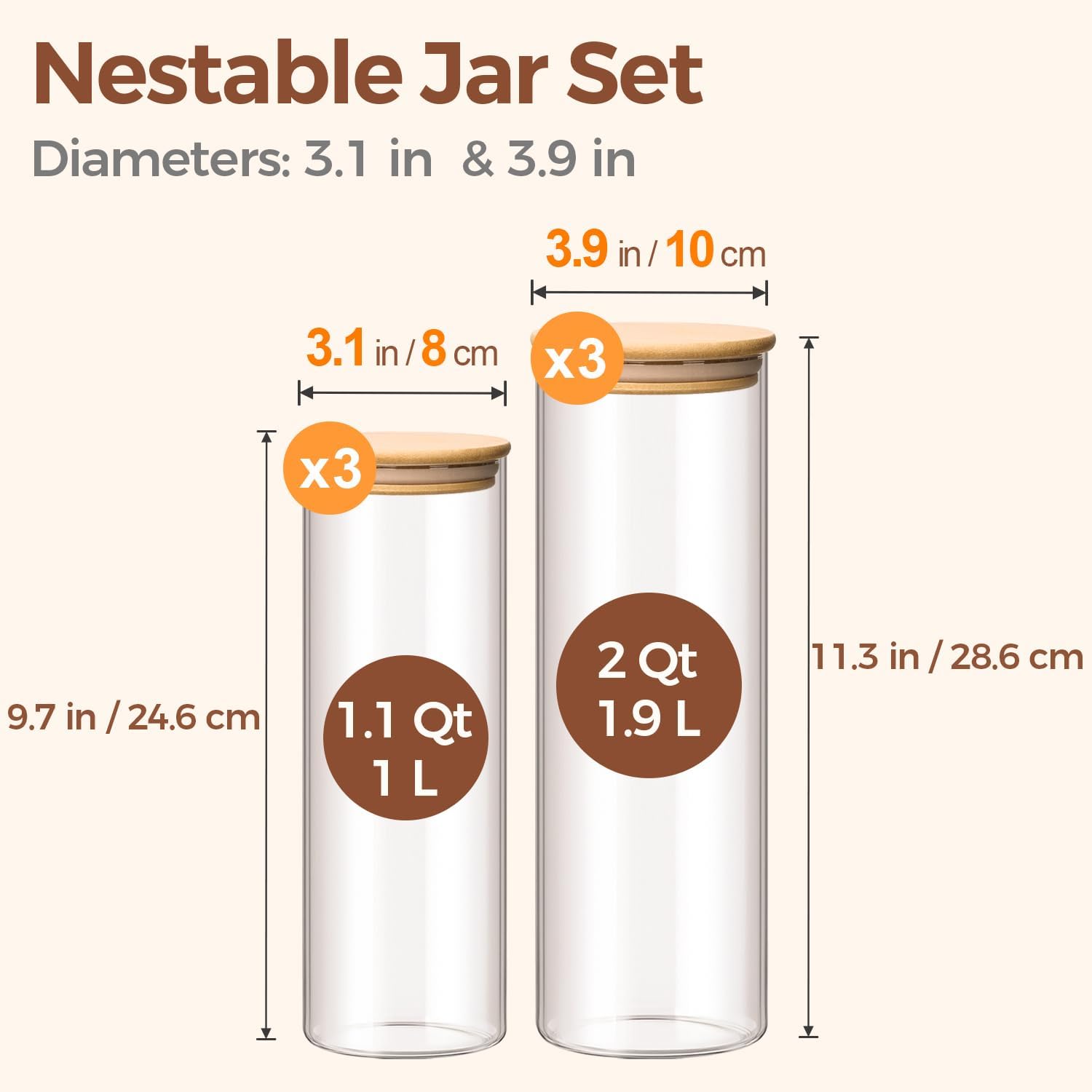ComSaf Glass Food Storage Jars Set of 6, Tall Glass Storage Containers with Lids, Spaghetti Jar