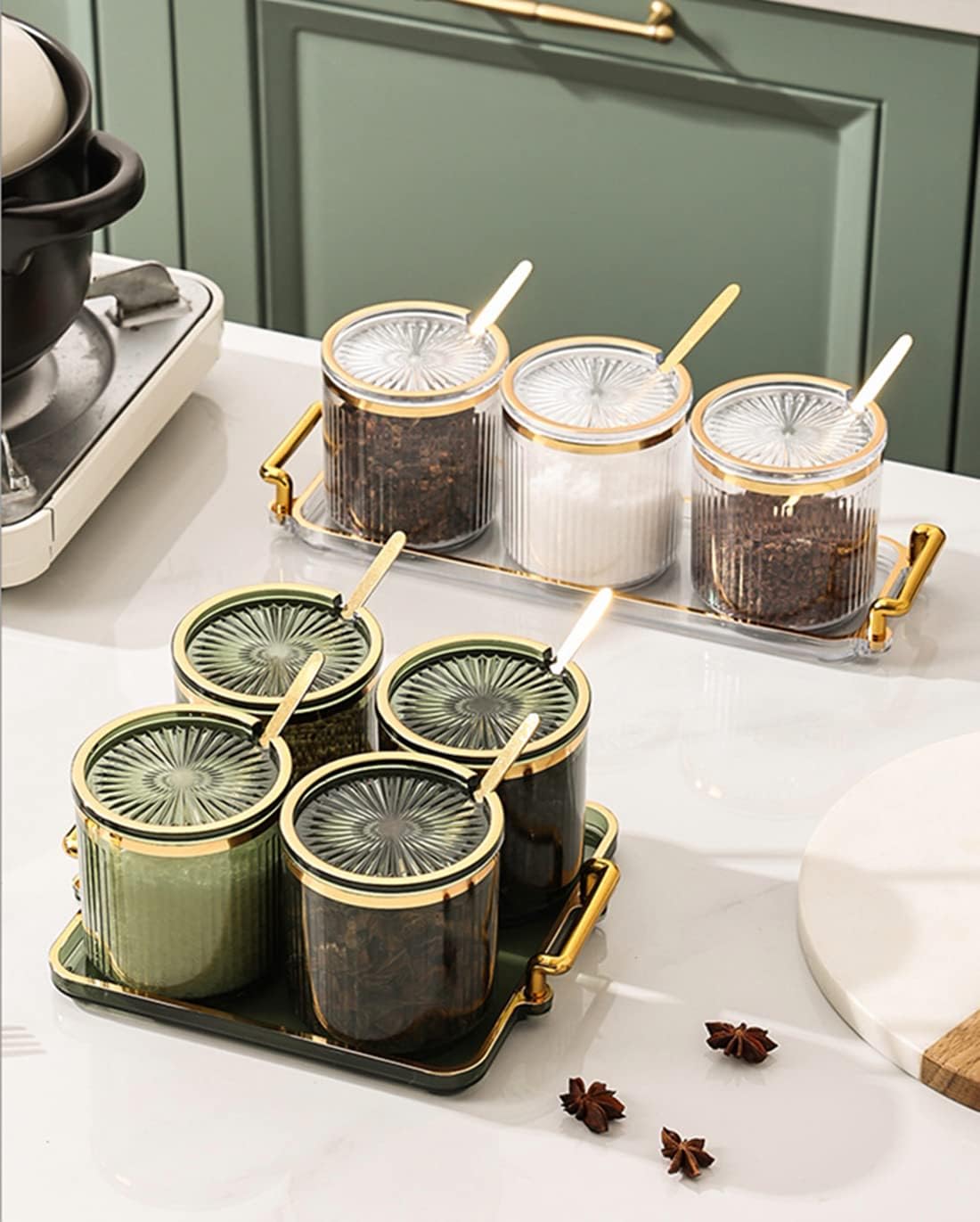 Acrylic Condiment Spice Jars,Condiment Spice Box With Lids and Spoons and Tray,Clear Plastic
