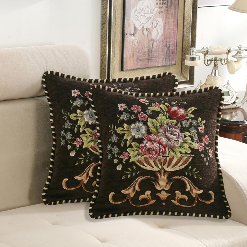 Set of 2 Brown Vintage Embroidered Throw Pillow Covers 18x18in，Floral Embroidered Cushion Cover for
