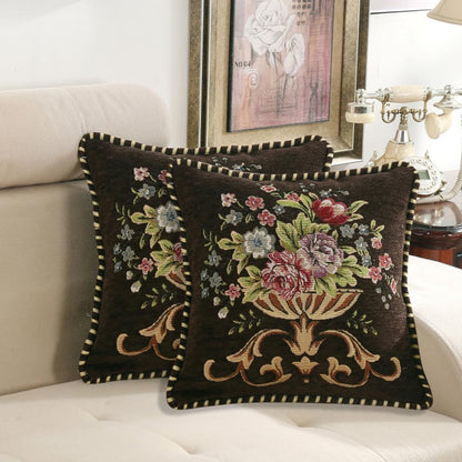 Set of 2 Brown Vintage Embroidered Throw Pillow Covers 18x18in，Floral Embroidered Cushion Cover for