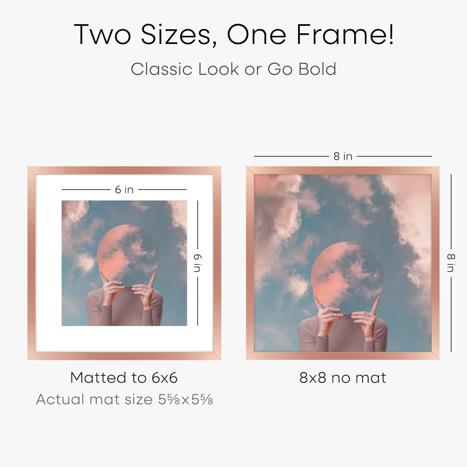 Homeforia Rose Gold Frame 8x8, High End Metal 8 x 8 Square Picture Frames with Mat 6 x 6 Art, 8x8