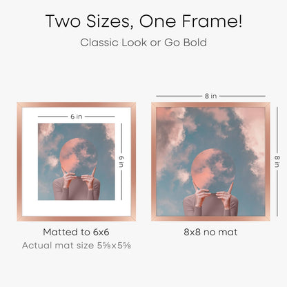 Homeforia Rose Gold Frame 8x8, High End Metal 8 x 8 Square Picture Frames with Mat 6 x 6 Art, 8x8