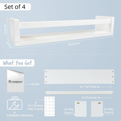 Forbena 24 Inch Wall Bookshelf for Kids Bedroom Set of 4, White Floating Nursery Book Shelves for