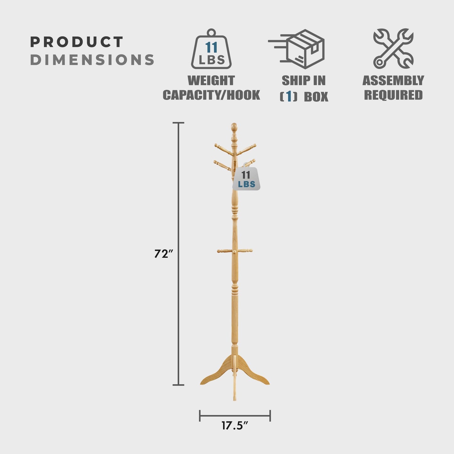 Lexicon Wooden Coat Rack Stand, 3-Tier, 10 Hanging Hooks, Natural