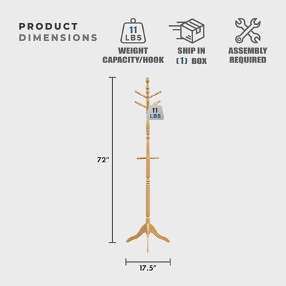 Lexicon Wooden Coat Rack Stand, 3-Tier, 10 Hanging Hooks, Natural