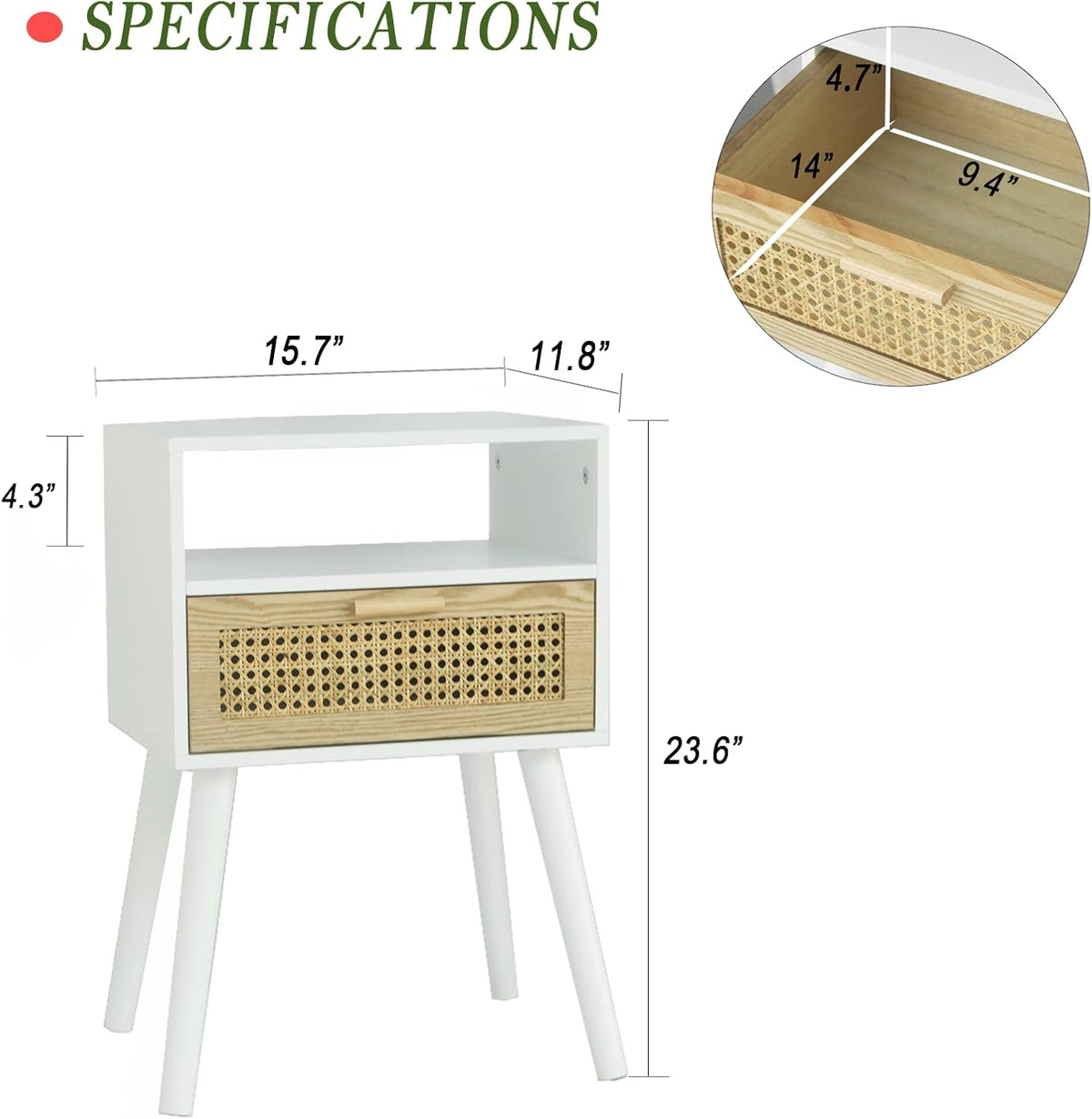 MaxSmeo White Nightstand with Drawer, Mid Century Modern Nightstand, Rattan Side Table, End Table
