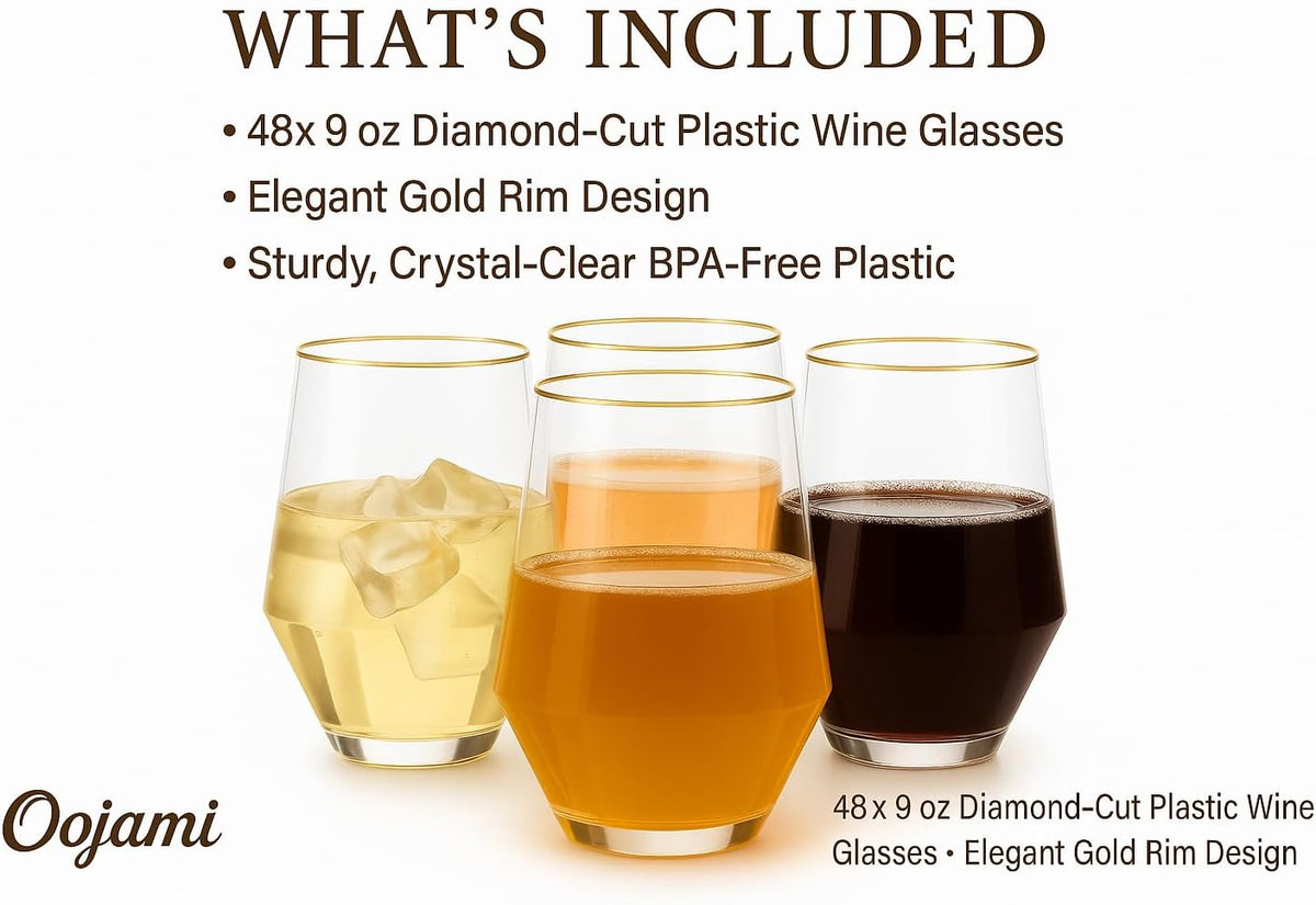 48 Pack Diamond Unbreakable Stemless Plastic Wine Stemless Toasting coacktail Glasses, Durable 9 Oz