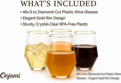 48 Pack Diamond Unbreakable Stemless Plastic Wine Stemless Toasting coacktail Glasses, Durable 9 Oz