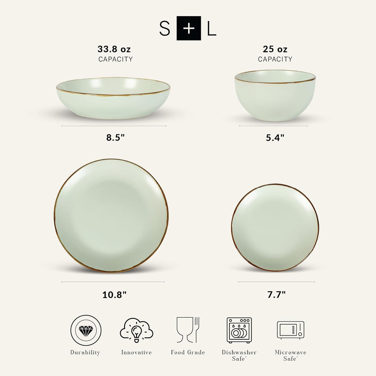 Stone Lain, Stoneware, Service for 4, Light Green, Plates and Bowls Sets, Dinnerware Set with 4