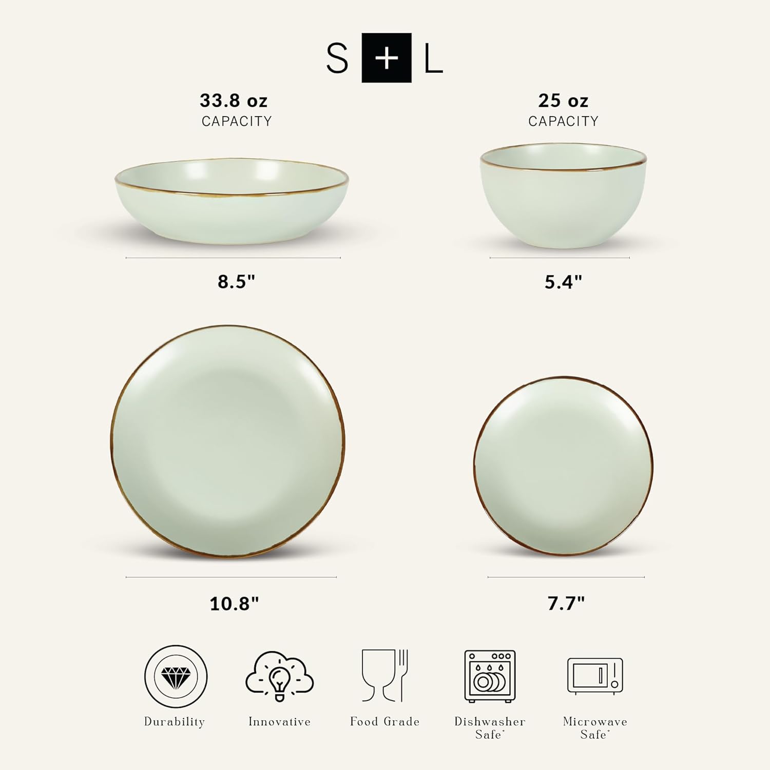 Stone Lain, Stoneware, Service for 4, Light Green, Plates and Bowls Sets, Dinnerware Set with 4