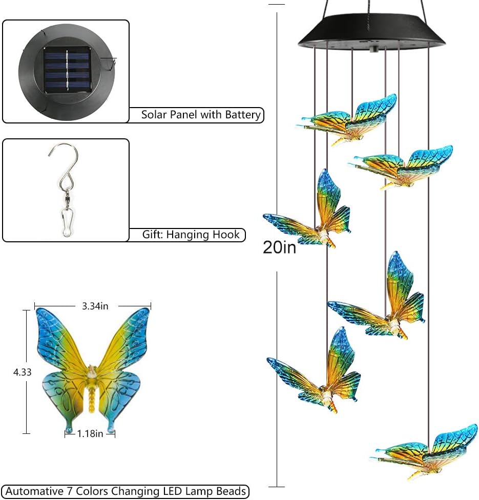 Toodour Solar Wind Chime, Color Changing Wind Chimes Butterfly, LED Decorative Mobile, Gifts for