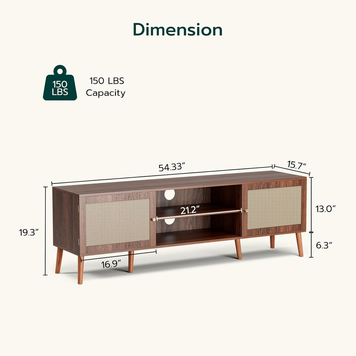 TV Stand for TVs up to 65'', Entertainment Center With Rattan Door, Shelves & 2 Cabinets, Long Boho