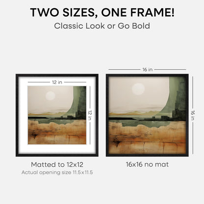 Homeforia 16x16 Black Wood Frame, High End Oak 16 x 16 Square Picture Frames with Mat 12 by 12