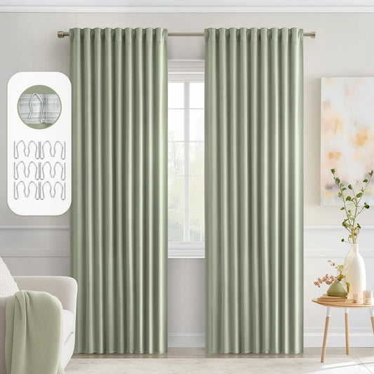 MIULEE Sage Green Back Tab Blackout Curtains 72 Inch Length 2 Panels Set for Living Room Bedroom