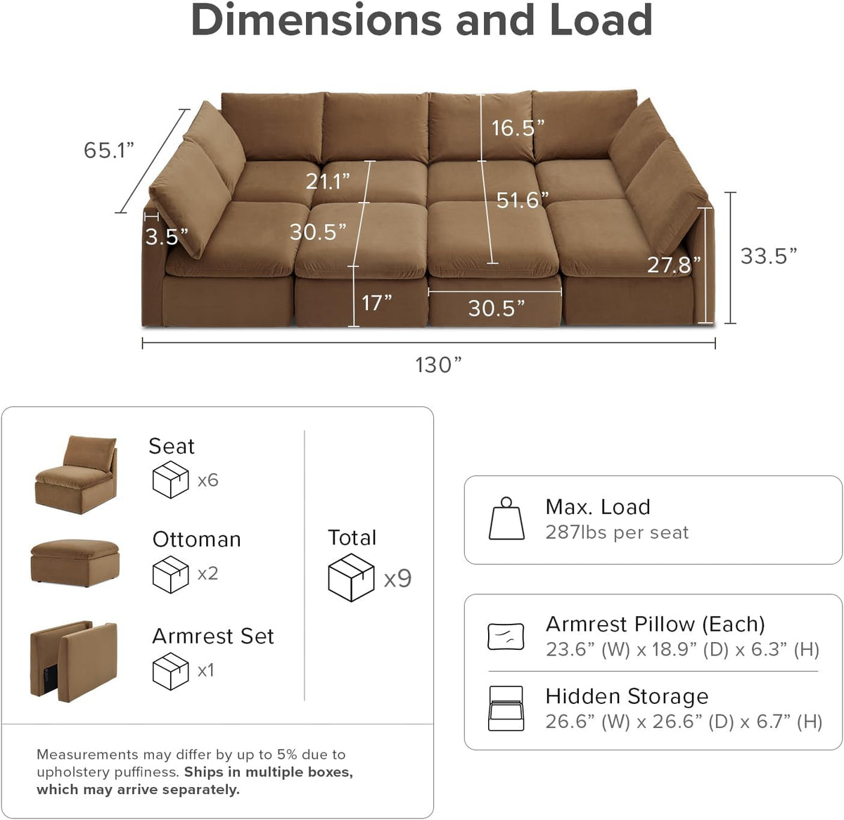 mopio Oversized Modular Sectional Sofa with Fully Removable Covers and Storage, Convertible U