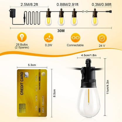 Outdoor String Lights Patio LED Light Outside - 30M 28+2 S14 LED with Remote Control 100ft Porch