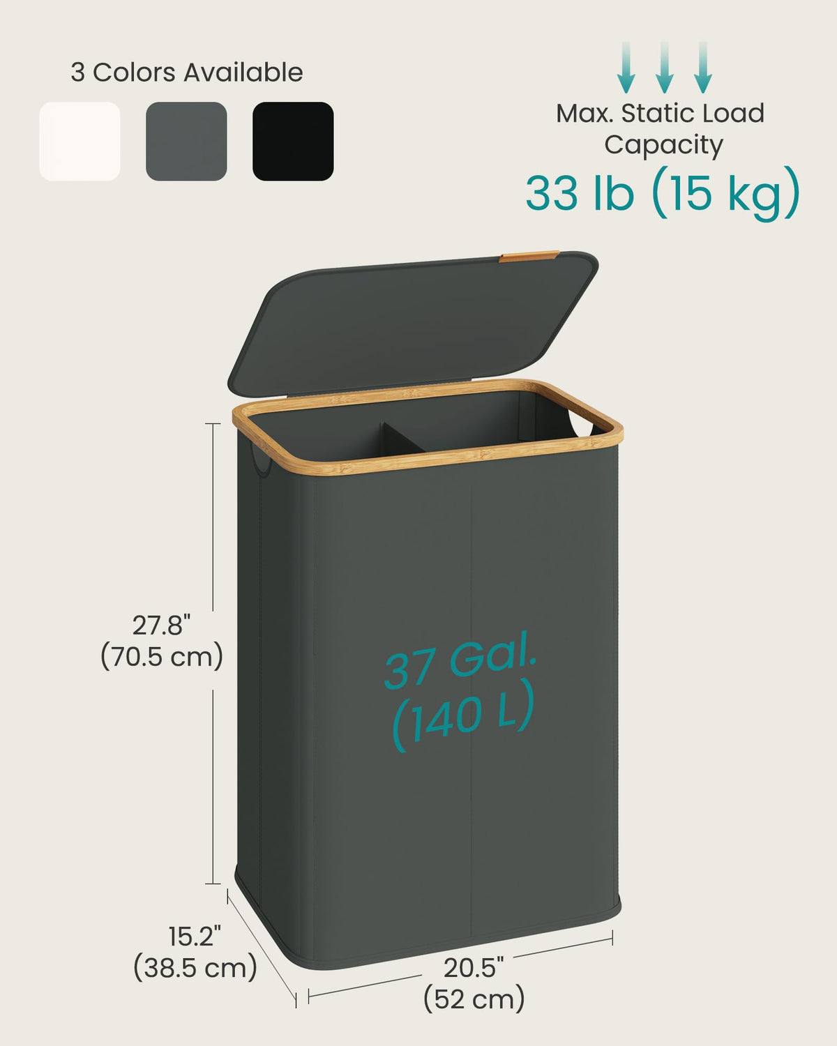 SONGMICS Laundry Hamper, Laundry Basket with Lid, Foldable Storage Basket, Bamboo Frame, for
