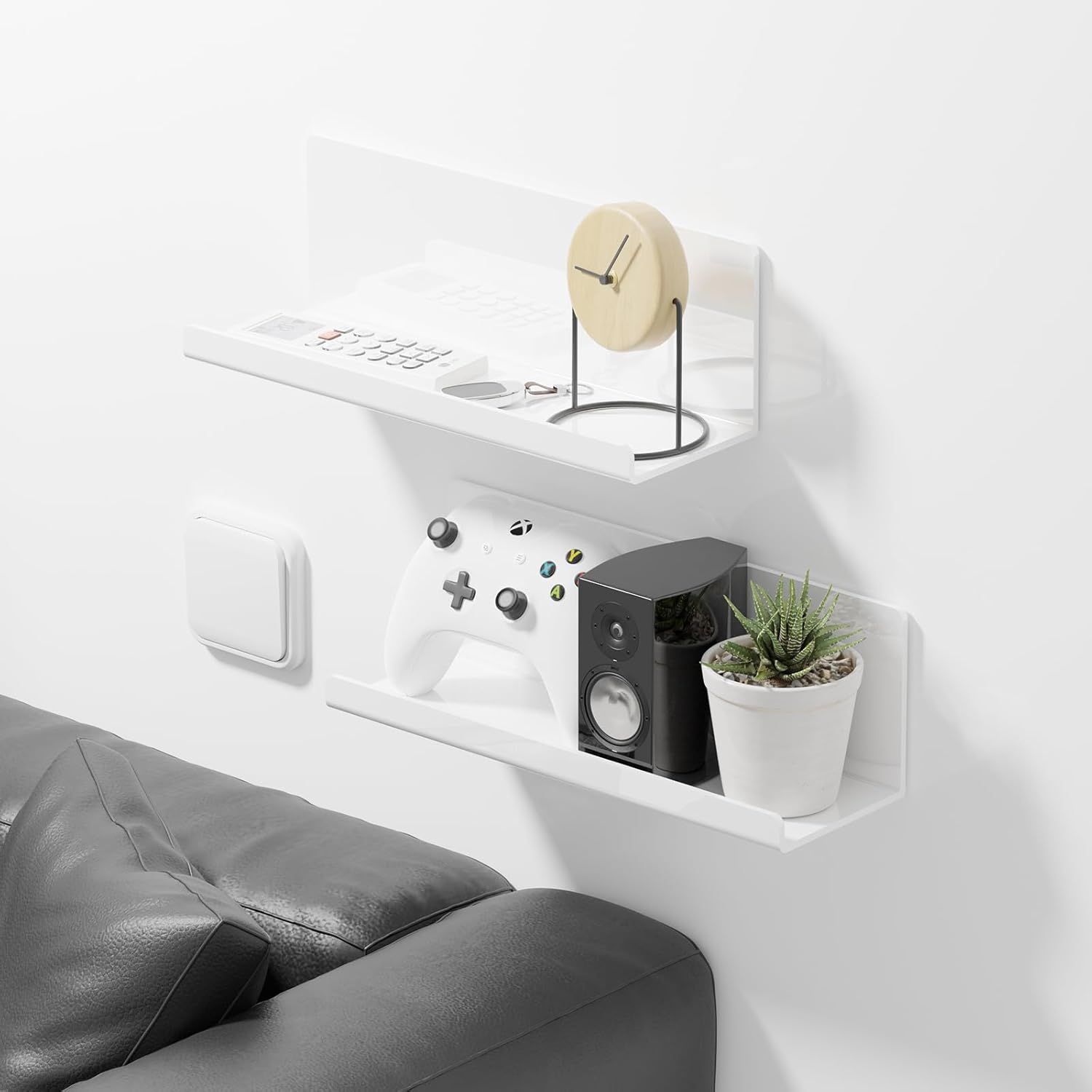Acrylic Wall Floating Shelves Set of 2, Wall Shelves White 12 Inch Adhesive Wall Organizer Adhesive