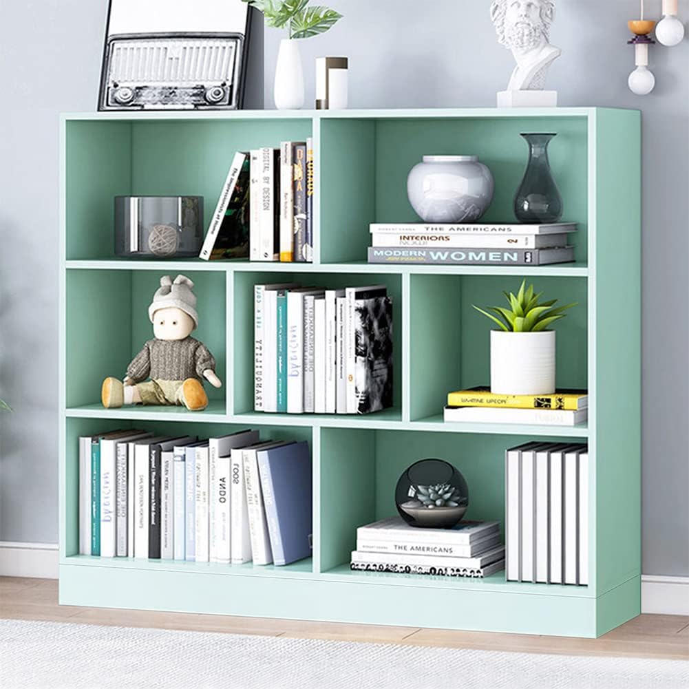 IOTXY Open Shelf Low Bookcase - Wooden 3-Tier Floor Standing Display Cabinet Organizer with Base, 7