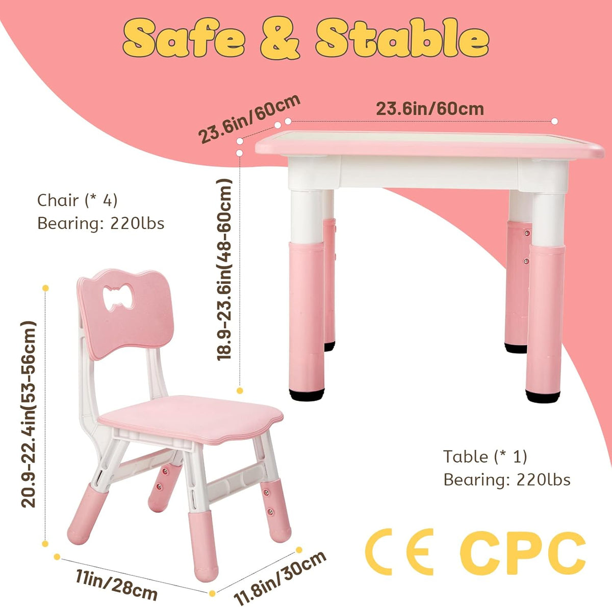 FUNLIO Kids Table and 4 Chairs Set, Height Adjustable Toddler Table and Chair Set for Ages 3-8