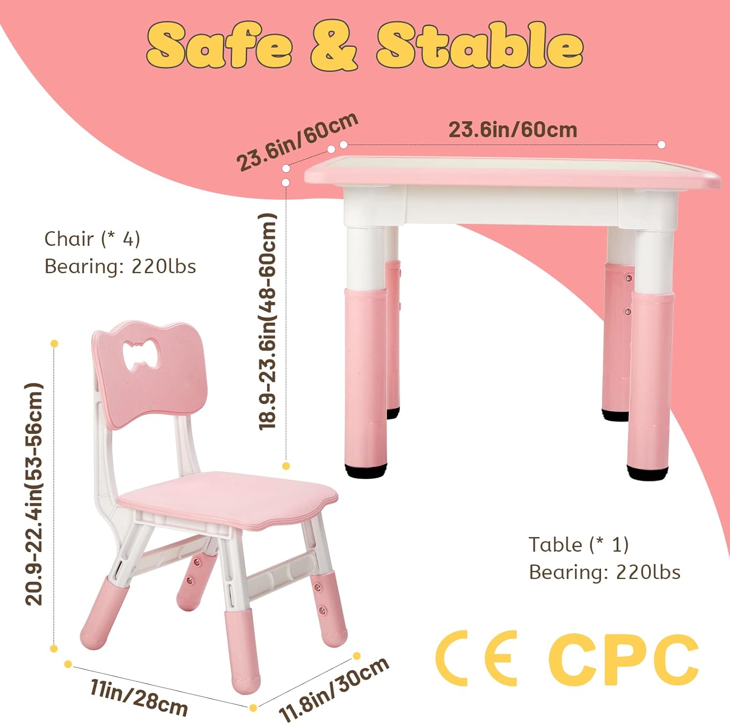 FUNLIO Kids Table and 4 Chairs Set, Height Adjustable Toddler Table and Chair Set for Ages 3-8