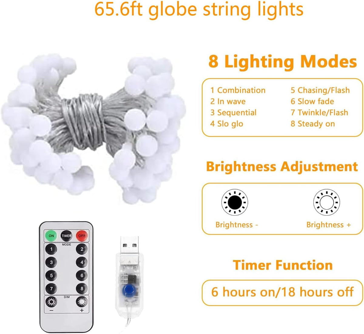 Globe String Lights 65.6 Ft. 120LEDs 8 Modes with Remote,USB Fairy Lights Plug in,Waterproof LED