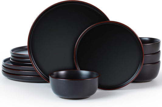 Famiware Mercury Plates and Bowls Sets, 12 Pieces Stoneware Dinnerware Sets, Dishes Set for 4