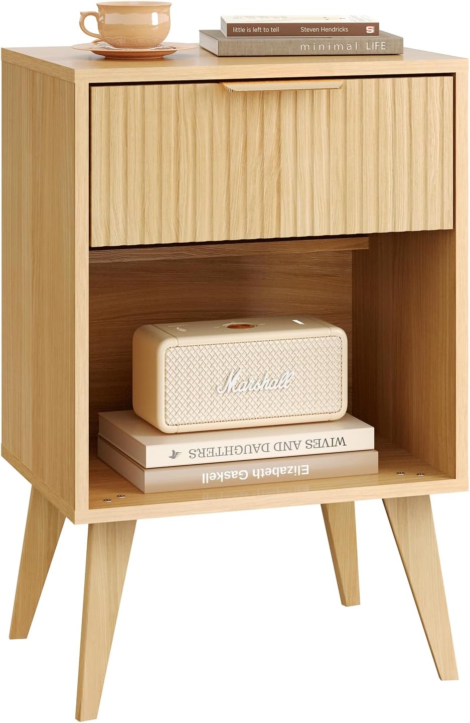 Fluted Night Stand with Opening Storage,Mid Century Bedside Table with Drawer,Wood Nightstand with
