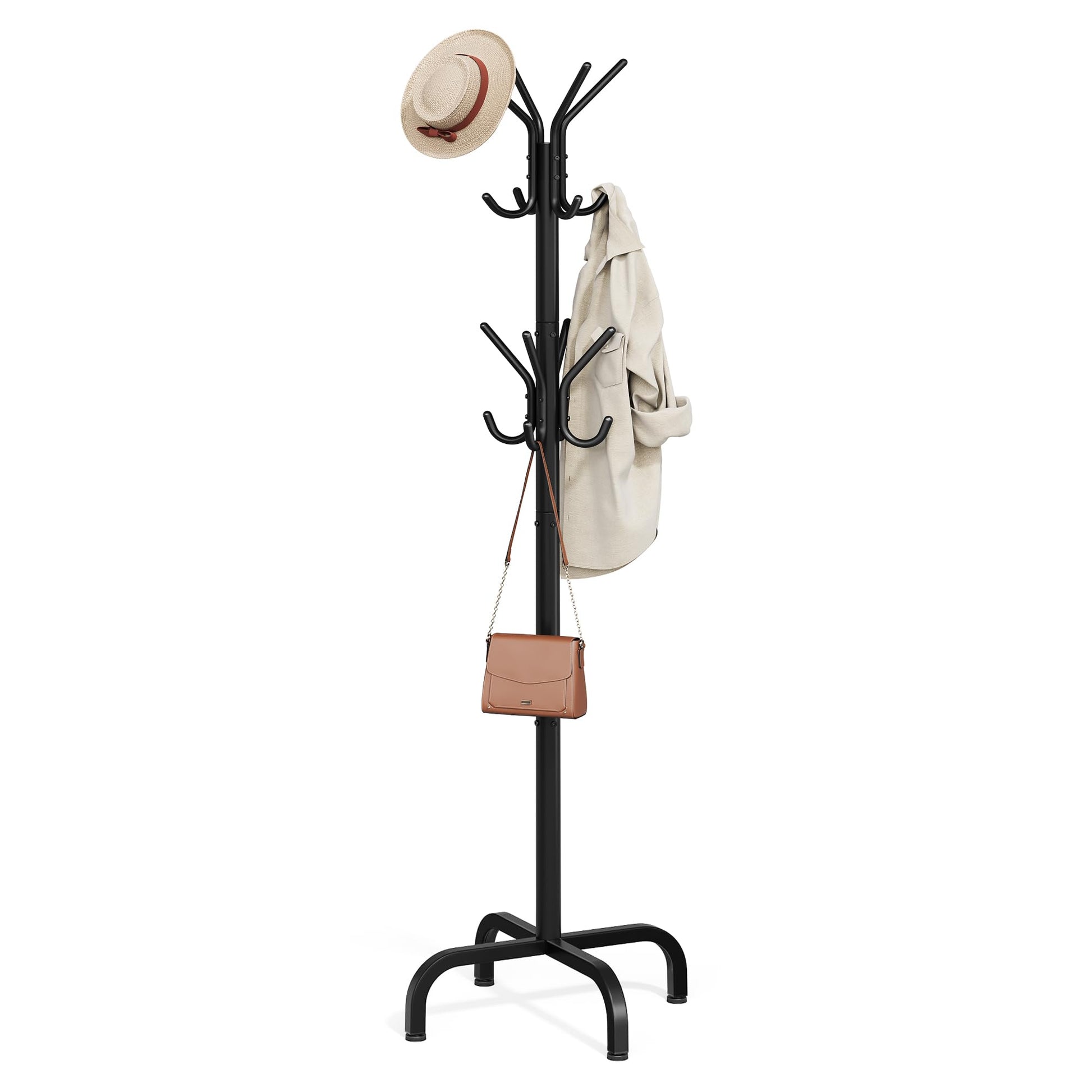 SONGMICS Coat Rack Freestanding with 16 Hooks, Metal Coat Tree Stand with 4 Adjustable Feet