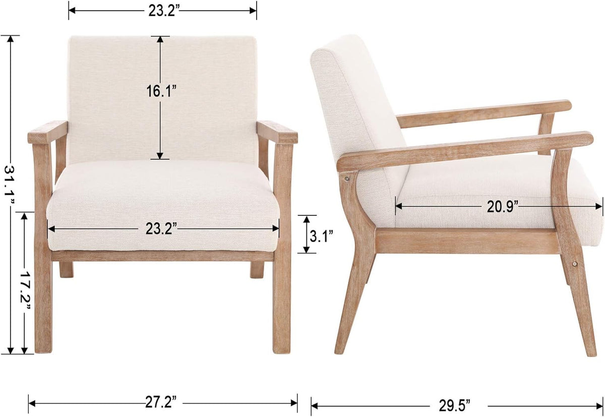 Beige Accent Chair Mid Century Modern Armchair Wood Sitting Chair Linen Fabric Upholstered Side