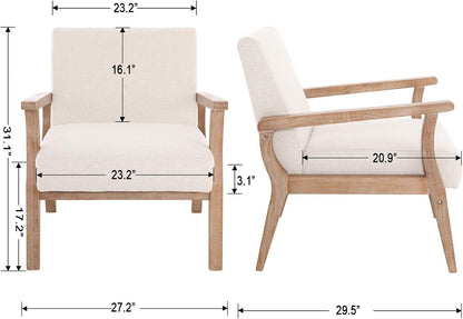 Beige Accent Chair Mid Century Modern Armchair Wood Sitting Chair Linen Fabric Upholstered Side