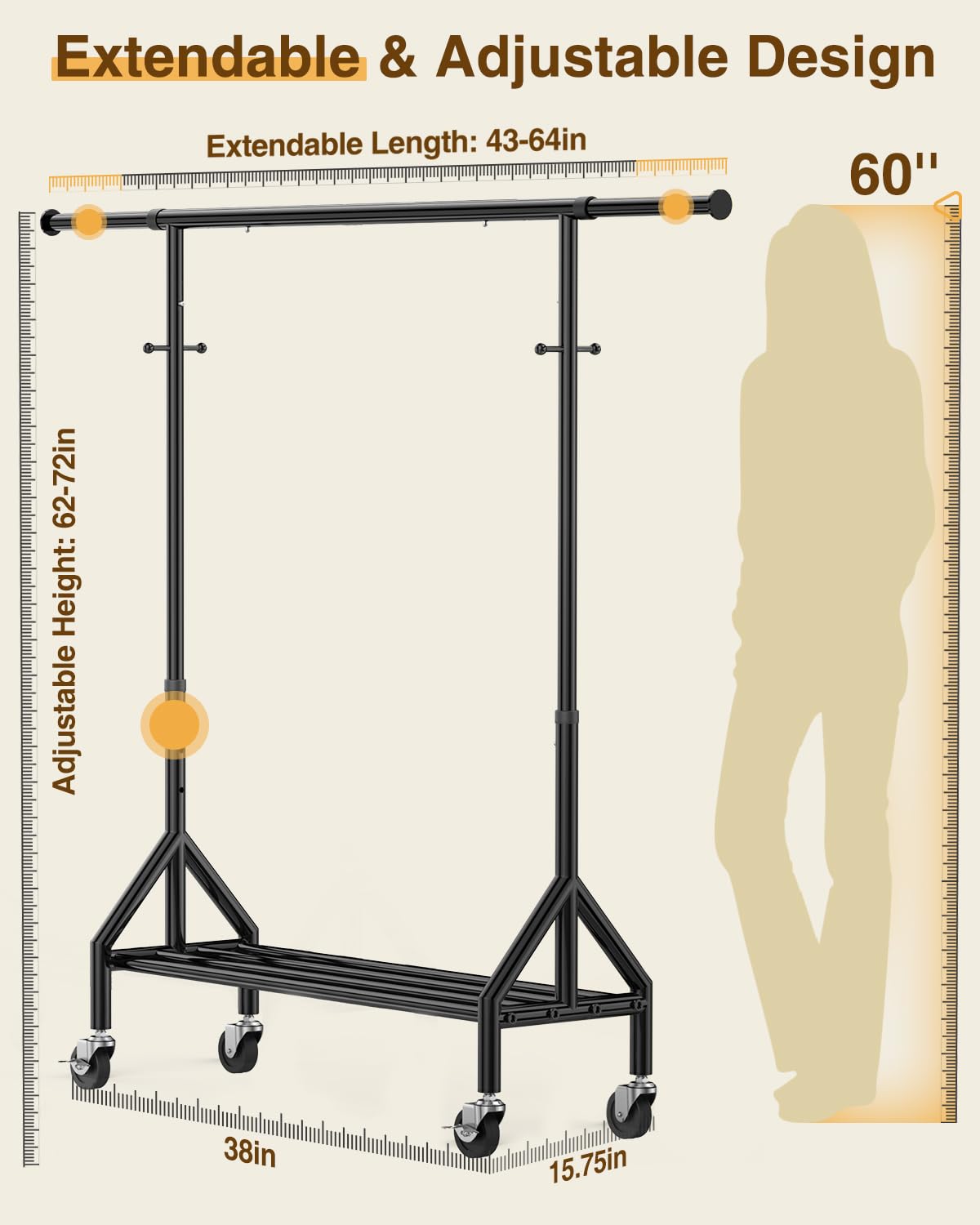 Fybee Heavy Duty Clothes Rack Load 520LBS, Adjustable Rolling Clothing Rack with Sturdy Wheel