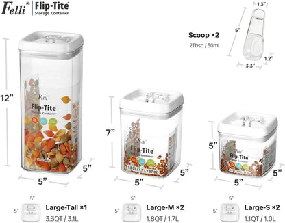 Felli Flip Tite Food Storage Container 5" LARGE 5pk Set + No Residue Label, Airtight Lid Easy Lock