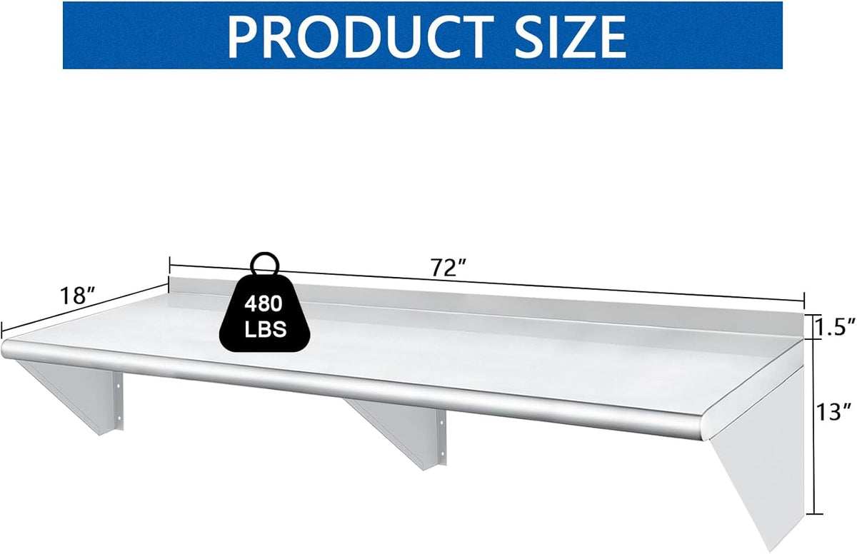 HARDURA Stainless Steel Shelf 18" x 72", 480lb Commercial Shelves Wall Mount Metal Shelving with