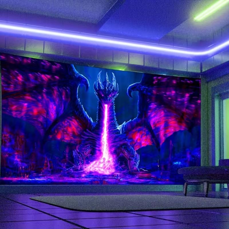 ADDWel Blacklight Dragon Tapestry, Cool Evil-Dragon Tapestry Glow In The Dark, UV Reactive Black