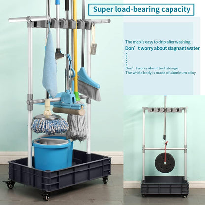 Broom And Mop Holder Put Wet Mops Movable Floor-Mounted Mop Rack Floor Standing Cleaning Tool Cart