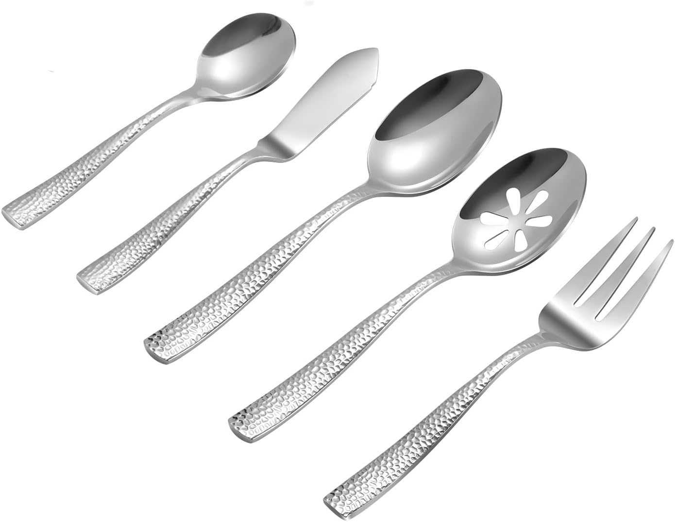 Stainless Steel Silverware Serving Set Hammered Silver Mirror Finished 5 Piece Serving Utensil Set