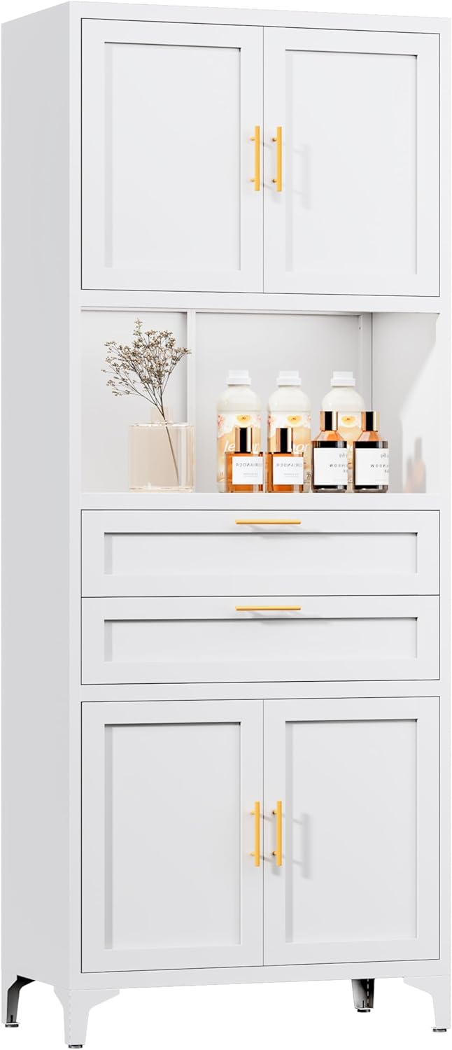 75” Tall Kitchen Pantry Storage Cabinet, Metal Bathroom Storage Cabinet with 2 Drawers and