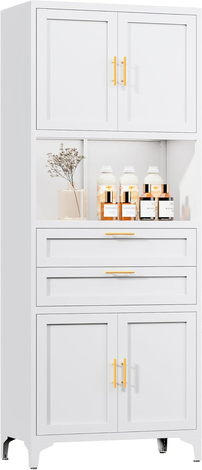 75” Tall Kitchen Pantry Storage Cabinet, Metal Bathroom Storage Cabinet with 2 Drawers and