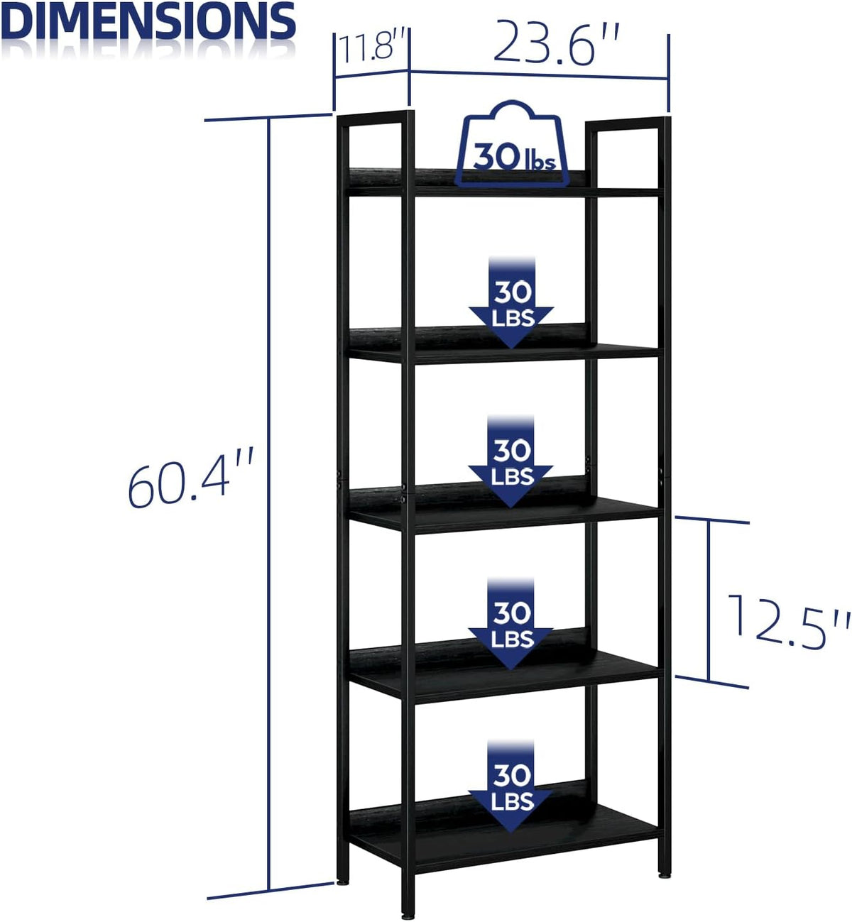 NUMENN Bookshelf, 5 Tier Bookshelves, Home Office Bookcase Shelf Storage Organizer, Free Standing