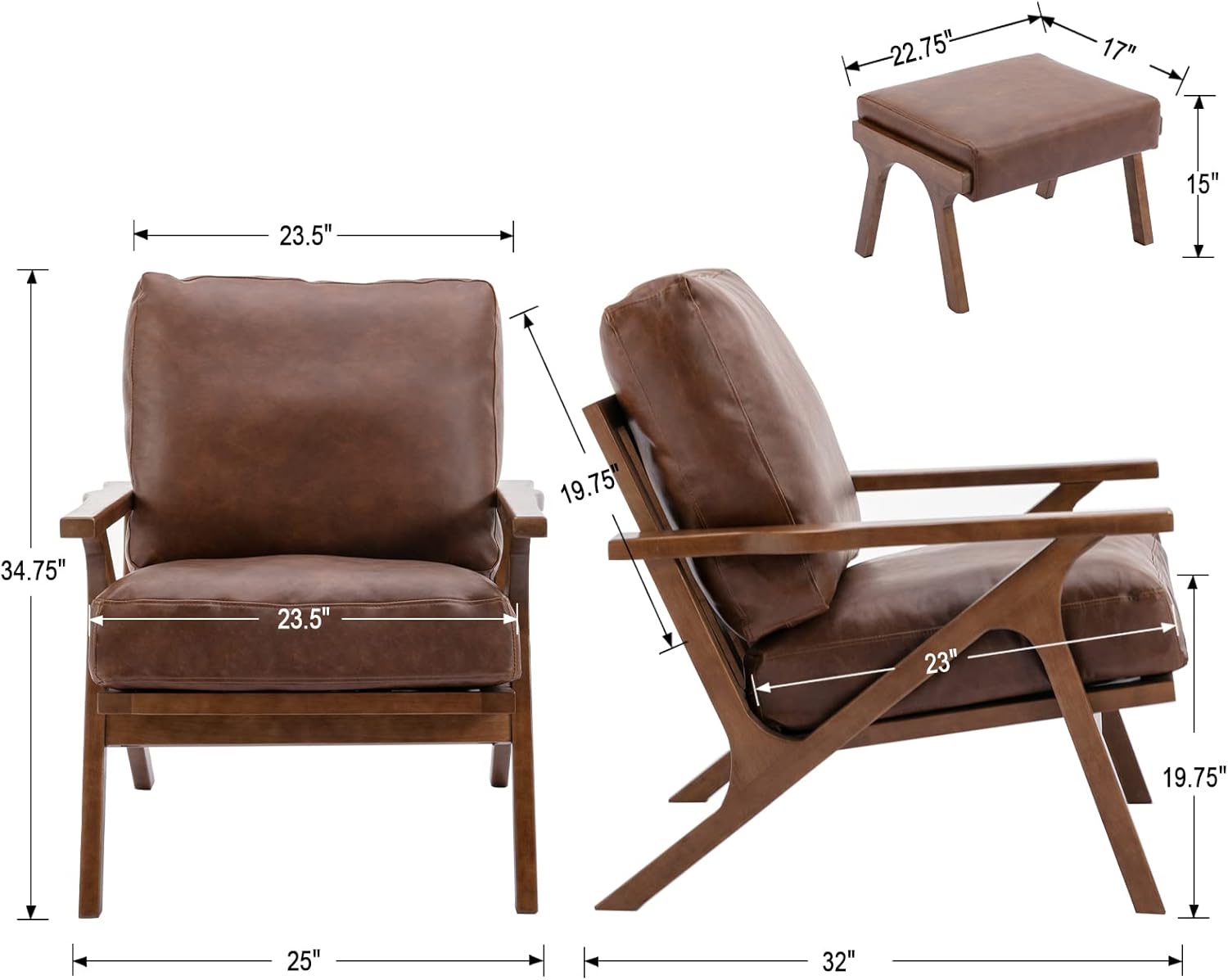Mid Century Modern Accent Chair with Ottoman, Farmhouse PU Upholstered Living Room Armchair and