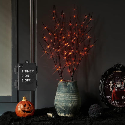 LITBLOOM Halloween Tree Branch Lights 32IN 100 Orange LED with Timer, Lighted Black Twig Branches