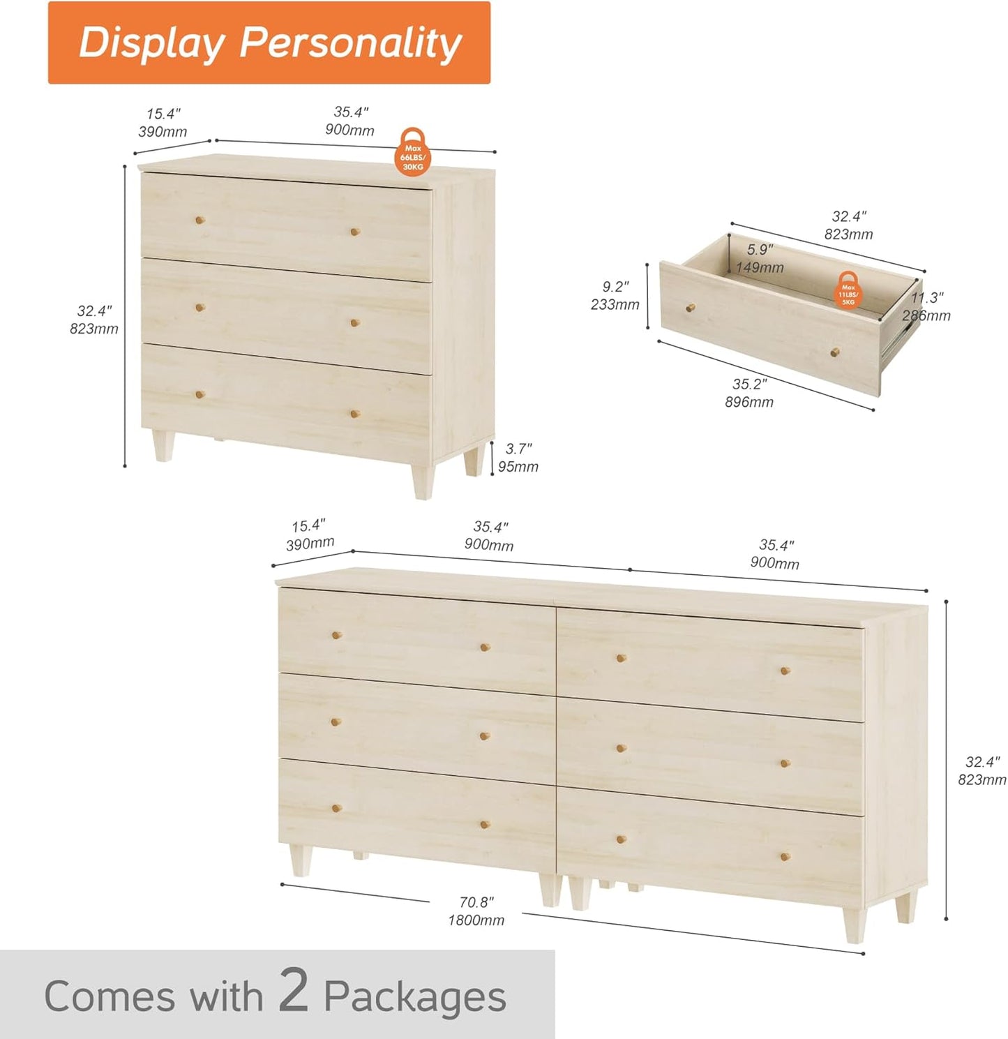 WAMPAT Dresser with 6 Drawers, Bedroom 70.8" Wide Wood Chest of Drawers, Modern Closet Storage