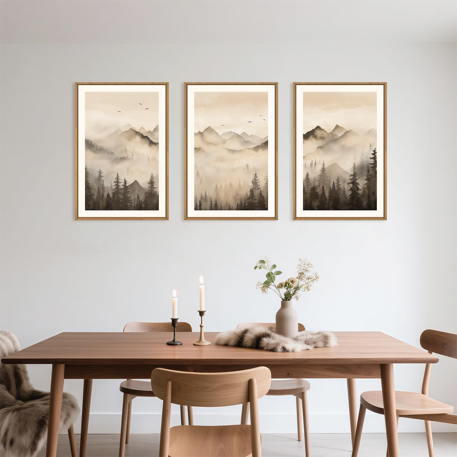 Celestdeco Nature Misty Forest Framed Canvas Wall Art Set, Foggy Landscape Wall Decor, Watercolor