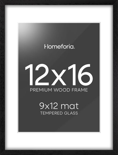 Homeforia 12x16 Black Wood Picture Frame, High End Oak 12x16 Poster Frames with Mat 9x12 Print, 12
