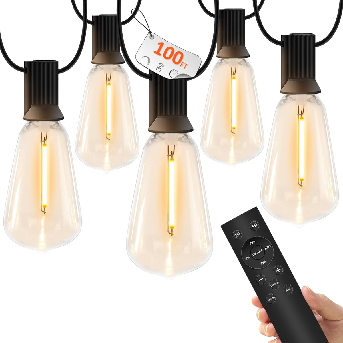 100 FT Outdoor String Lights for Outside, IP65 Waterproof ST38 LED Shatterproof Bulbs, Dimmable &