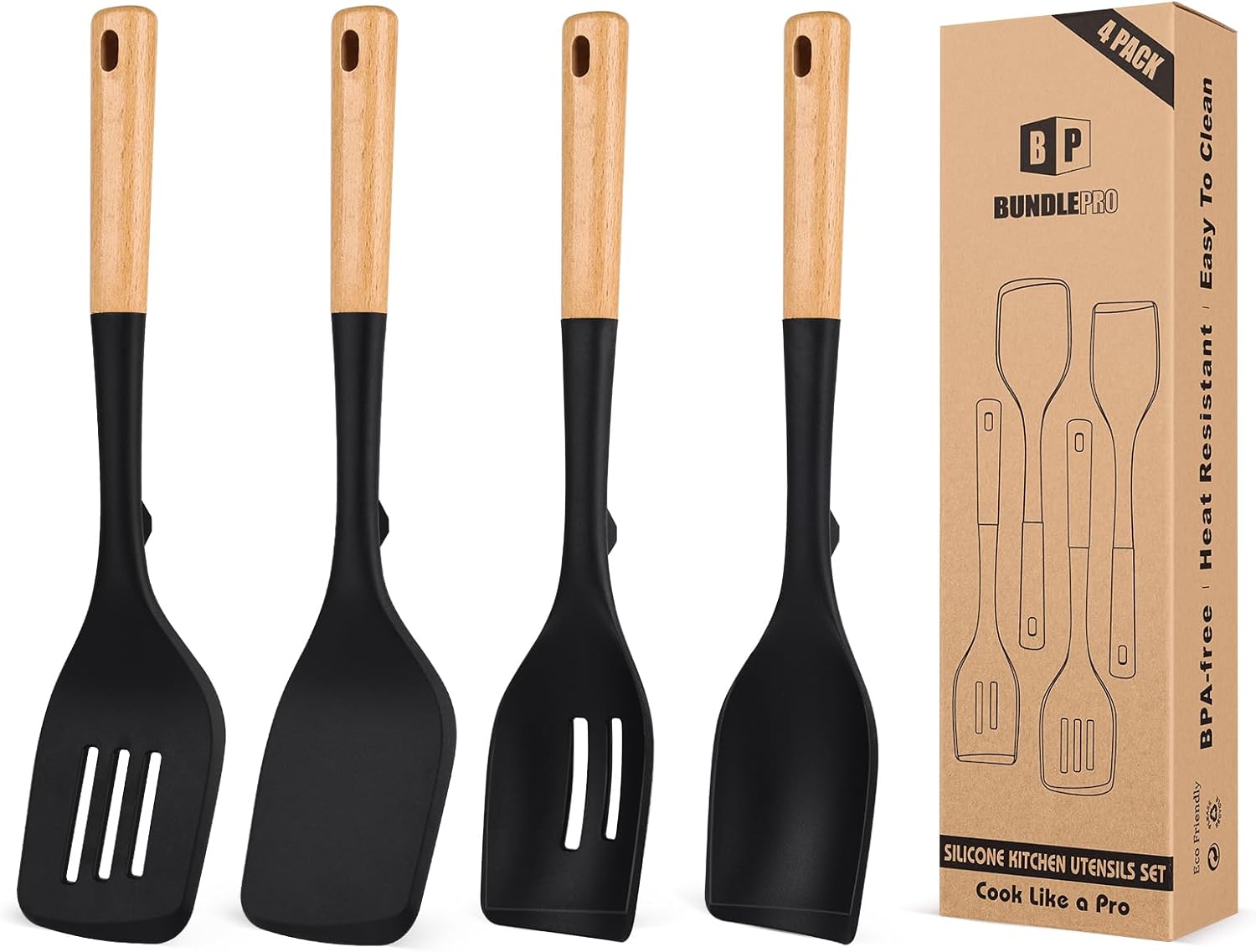 Pack of 4 Silicone Kitchen Utensils Set, Non Stick Solid Spatulas and Heat Resistant Slotted Spoons