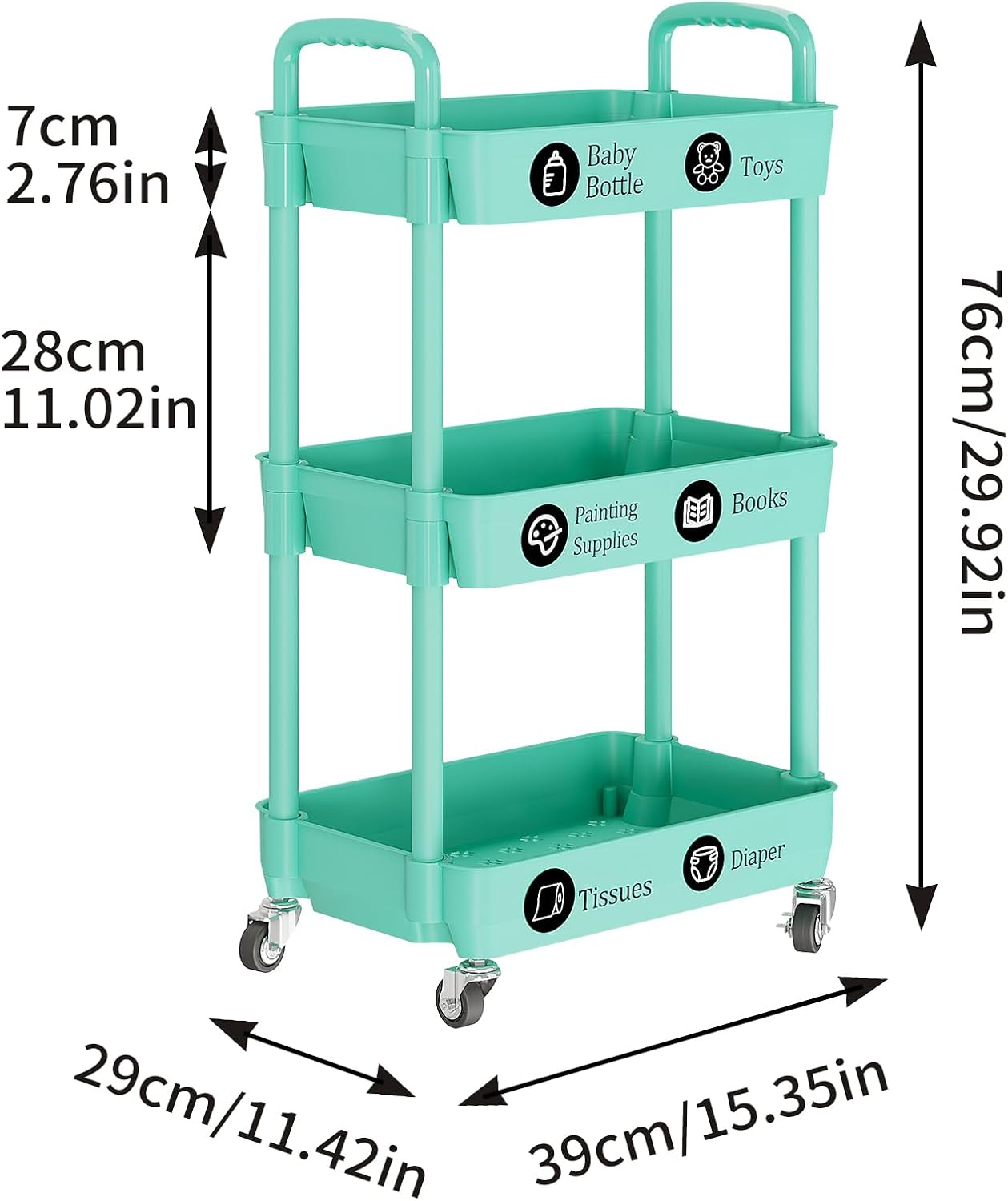 Laiensia 3-Tier Rolling Cart with Wheels,Multifunction Utility Storage carts, Kitchen Storage