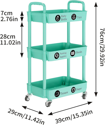 Laiensia 3-Tier Rolling Cart with Wheels,Multifunction Utility Storage carts, Kitchen Storage