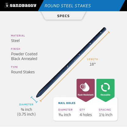 Sandbaggy Round Steel Concrete Form Stakes with Nail Holes - Rust Resistant Coating - Removable